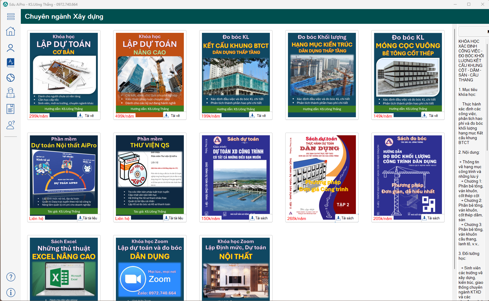 Phần mềm EduAiPro cung cấp Sách dự toán và các khoá học